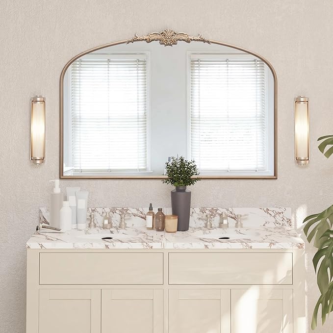 Besdomus Large Arched Vintage Mirror: 48"x33" Oversize Champagne Gold Antique Wall Mounted Mirror - Baroque Traditional Ornate for Fireplace/Bathroom/Living Room - Home Decor for Housewife