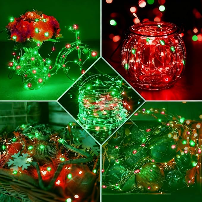 Aogist 100 Pack Fairy Lights 3 Modes 7ft 20 LED Waterproof,Battery Operated Silver Wire Firefly Starry Moon Mini String Lights for Mason Jars Christmas DIY Crafts Wedding Party Bedroom,Red&Green