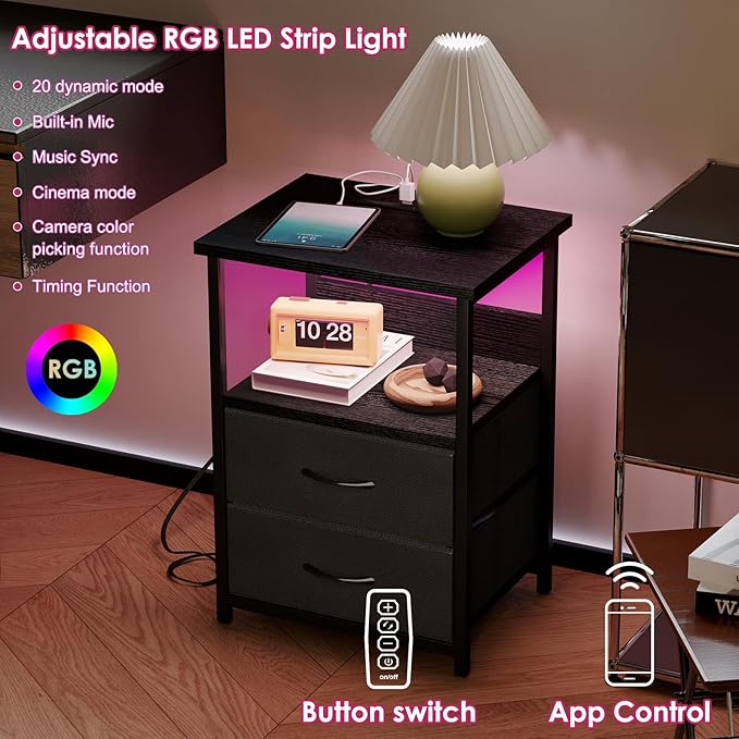 Fixwal Night Stand with Charging Station, LED Nightstand with U-S-B Ports and Outlets, 2 Fabric Storage Drawers with PU Finish, Small Bedside Table, Black