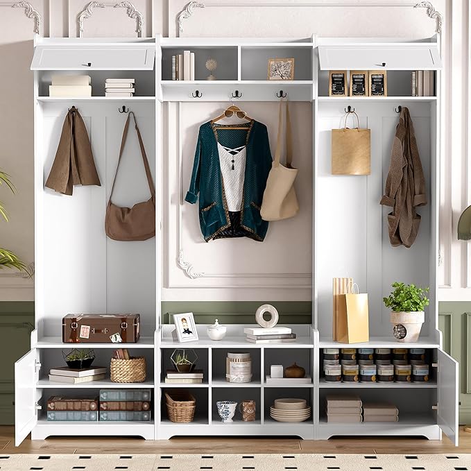 79.1''Wide Modern Hall Tree with Shoe Storage and 7 Coat Hooks, 4-in-1 Entryway Bench with 8 Cubbies and Adjustable Shelf for Hallway, Living Room (White/78)