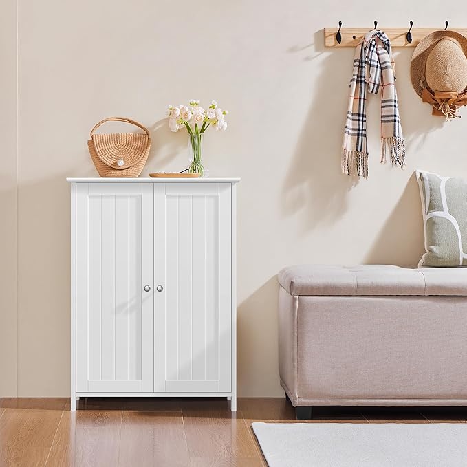 Yaheetech Bathroom Floor Cabinet, Modern Storage Freestanding Organizer Cabinet with Adjustable Shelves & Double Doors, 3-Tier Home Living Room Furniture, White