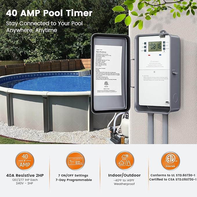 Suraielec Pool Timer, 7-Day 24-Hour Digital Pool Pump Timer, 40 AMP Heavy Duty, 120/240/277 VAC, Outdoor Metal Casing, Electric Switch Box for Swimming Pump, Hot Water Heater, Spa, Lights