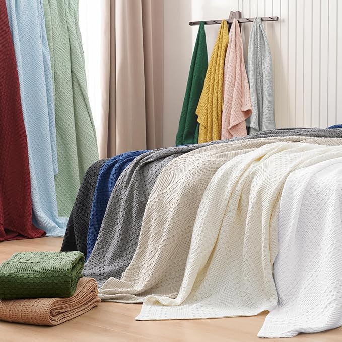 PHF 100% Cotton Waffle Weave Blanket Twin Size for Bed, Soft Lightweight & Breathable, All-Season Comfort, Luxury Aesthetic Woven Bedding for Home Decor, 66"x90", Light Grey