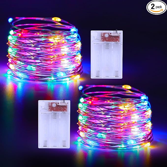 Christmas Multicolor Fairy Lights Battery Operated 2 Pack 16.4Ft 50 LEDs Silver Copper Wire Twinkle Lights for Bedroom Indoor Outdoor Wedding Dorm Parties Holiday Yard Decorations
