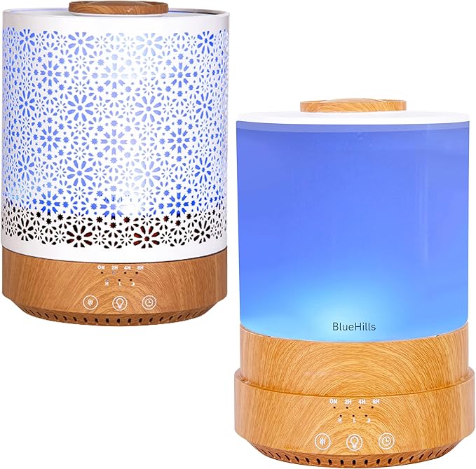 BlueHills Premium 2500 ML Set of 2 Extra Large Essential Oils Diffusers for Big Rooms High Mist Output XL Huge Capacity Adjustable Cool Mist Great Gift – Wood Grain and a Design