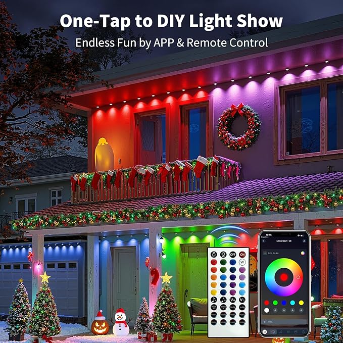 XINKAITE 100FT Permanent Outdoor Lights with 50 LEDs - Smart RGB+IC with 16 Million DIY Colors, IP67 Waterproof, App & Remote Control, Hundreds of Dynamic & Scene Modes for Holidays, Christmas & Home