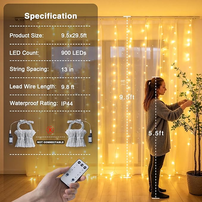 JMEXSUSS 900 LED Outdoor Curtain Lights, 9.5x29.5ft Christmas Lights Plug in with Remote, Twinkle Hanging String Light for Bedroom Wall Wedding Backdrop Window Gazebo Decor, Warm White