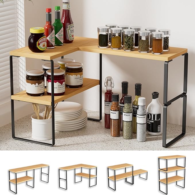 Golener Countertop Organizer Corner Shelf, 2-Tier Adjustable Stackable Corner Shelves for Kitchen, Spice Rack, Coffee Area, Over Sink, Bathroom, Dresser Table, Corner Counter Shelf Stand, Bamboo