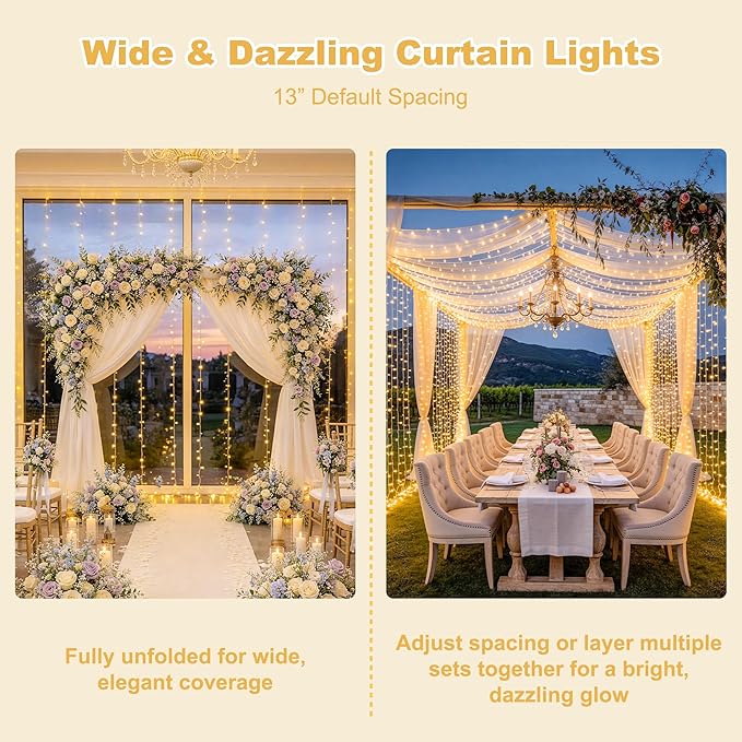 JMEXSUSS 900 LED Outdoor Curtain Lights, 9.5x29.5ft Christmas Lights Plug in with Remote, Twinkle Hanging String Light for Bedroom Wall Wedding Backdrop Window Gazebo Decor, Warm White