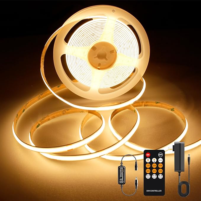 COB LED Strip Light Warm White, High Bright LED Lights with 2400LEDs, RF Remote and UL Power Supply, 2700K Dimmable LED Rope Lights for Mirror, Bedroom, Kitchen, DIY Home Decoration