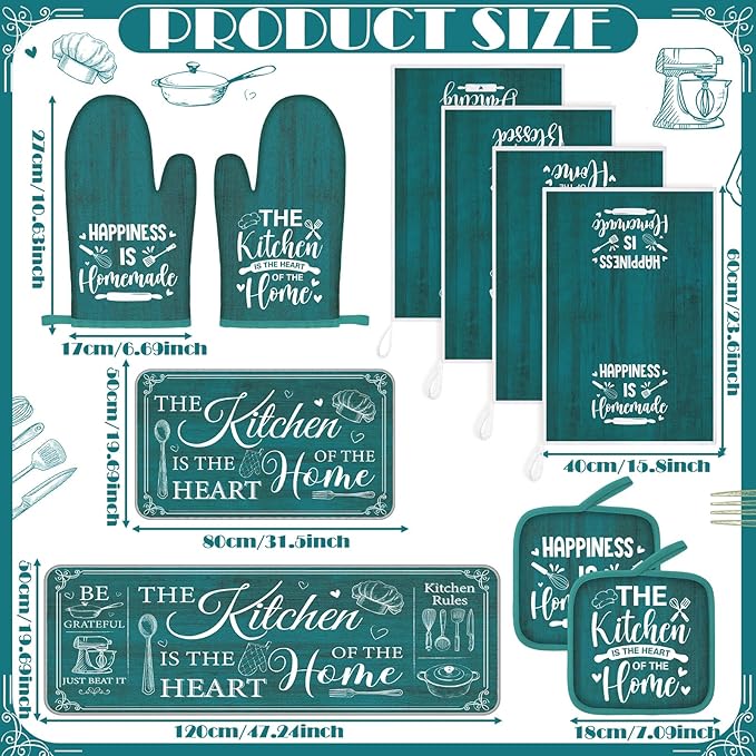 Fourluoo 10 Pcs Farmhouse Kitchen Decor and Accessories Set 4 Kitchen Towels 2 Pot Holders 2 Oven Mitts 2 Rugs for Cooking Baking Mom Housewarming Gifts(Light Blue,Classic Style)