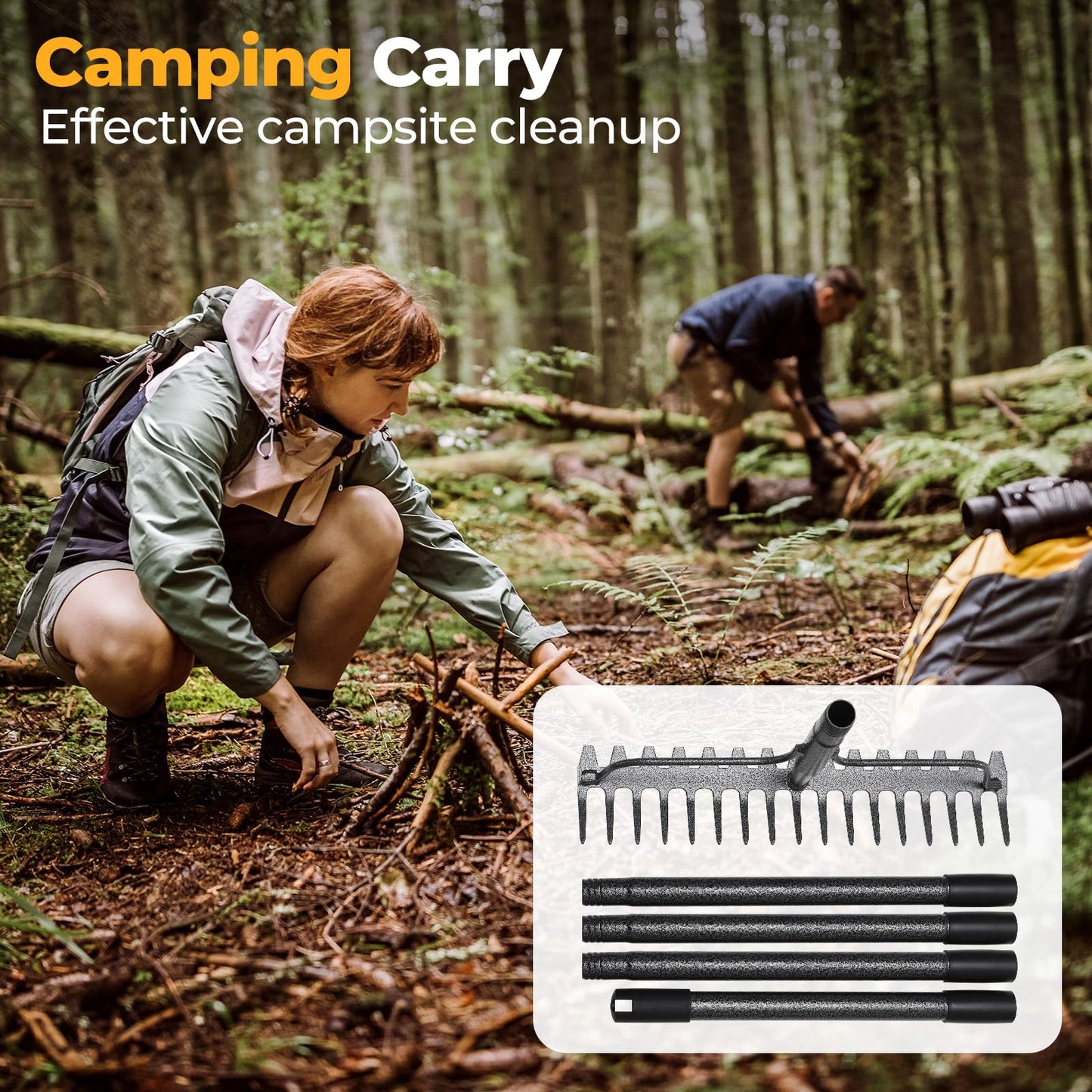 49" Rake - 17" Extra Wide Garden Tool with Double-Sided Head, Heavy Duty Lightweight Stainless Steel Construction for Mulching & Debris Removal, Leveling Lawn, Loosening Soil, Leaf Cleanup, Soil Prep