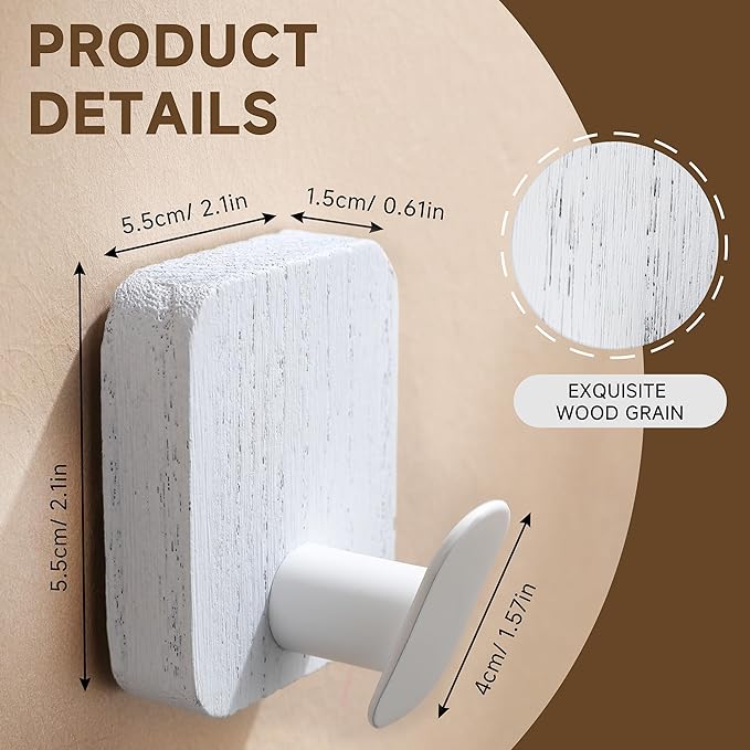 DELITON Wood Wall Hooks, Adhesive Towel Hooks for Hanging Wall Mounted, 4 Packs Coat Robes Hats Command Hook Heavy Duty No Damage, White