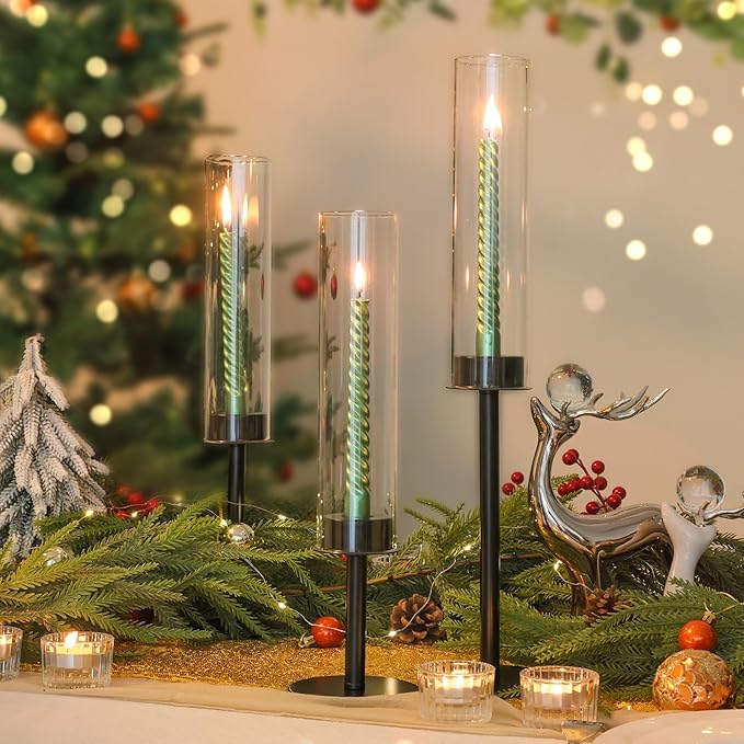 Hurricane Candle Holders Set of 3 Metal Candlestick Holder for Glass Taper Tall Candle Holders with Crystal Chimney Tube Candles Stands for Home Decor, Christmas, Dinning (3, Black)