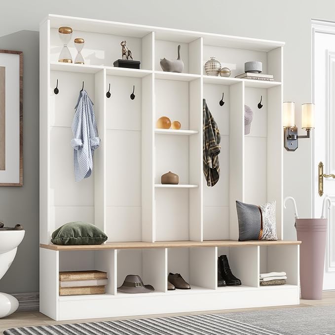Wide Hall Tree With Shoe Storage Bench, Minimalist Entryway Coat Rack, Cube Storage and Shelves, Multifunctional Mudroom With 8 Hooks for Hallway (White)