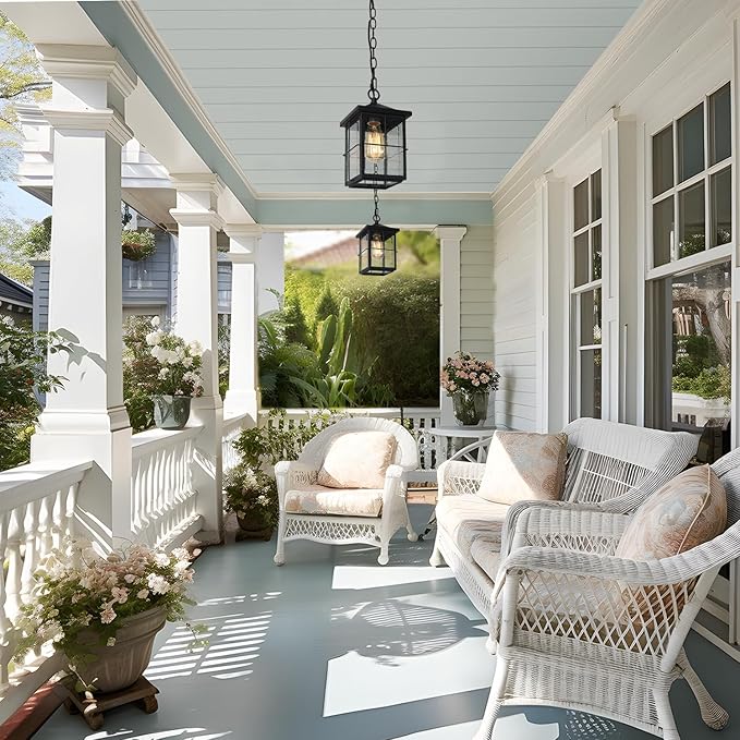 classy leaves Outdoor Pendant Light Fixture, Farmhouse Black Anti-Rust Ceiling Outdoor Light with Seeded Glass, Exterior Square Hanging Lantern for Front Door, Entry, Porch, and Gazebo