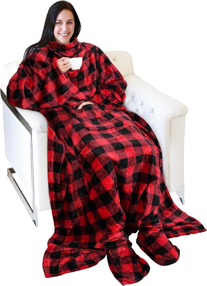 Catalonia Wearable Fleece Blanket with Sleeves and Foot Pockets for Adult Women Men, Micro Plush Comfy Wrap Sleeved Throw Blanket Robe Large, Red Checker Plaid