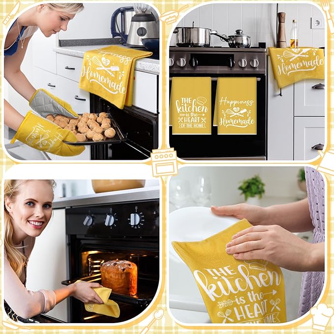 Sratte 6 Pcs Kitchen Decor Accessories Set Farmhouse Towels Pot Holders Oven Mitts Set 2 Dish Towels 2 Potholders 2 Cooking Mittens Oven Glove for Christmas Baking Cooking Supply(Yellow,Kitchen)