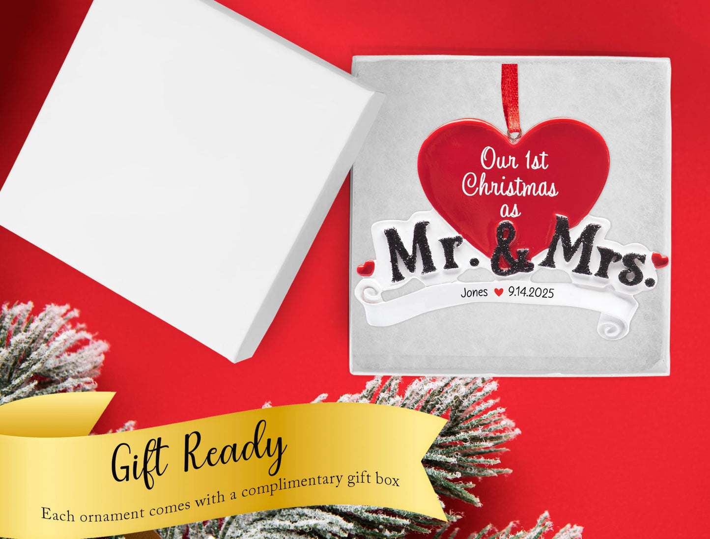 UniqXmas Personalized Our First Christmas as Mr and Mrs Ornament 2025 | Customized Newlywed Heart for Xmas Tree | 1st Year Married Couple Wedding Marriage Bridal Shower Custom Keepsake Gift
