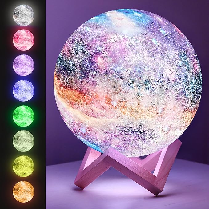 Mind-Glowing Galaxy Moon Lamp with Multi Colors, Touch/Remote, Wood Stand - Birthday Gift for Any Year Old Girls & Boys - Teen Girl Room Decor, Trendy Stuff - Cool Night Light for Kids (7.1 inch)