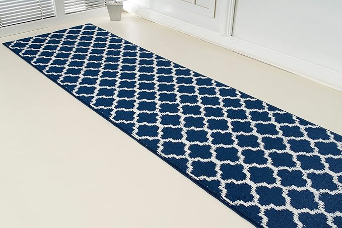 Custom Size Cut to Length Moroccan Trellis Design Runner Rug Mat For Wide Long Hallways with Non-Slip Rubber Backing, Better Traction for Pets, Prevent Slippage, Trellis Navy Blue, 31 inch X 9 feet