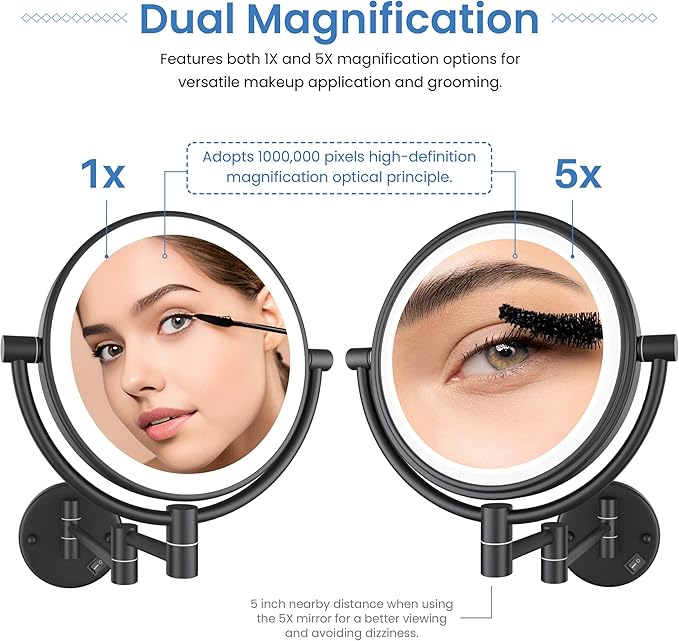 KIBI Circular Wall Mount Makeup Mirror with LED Lights, Dual-Sided 1x/5x Magnifying Mirror with Adjustable Arm, 360° Swivel, Solid Brass Construction for Durability and Style (Matte Black, KMM101)