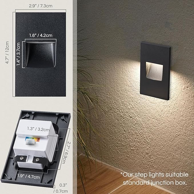 FTL 12-Pack LED Step Lights Outdoor Stair Lights Indoor, 120V Dimmable 3CCT 3000K/4000K/5000K Color Changing Deck Stair Lighting 150LM 3.5W, Waterproof Black Aluminum Staircase Vertical