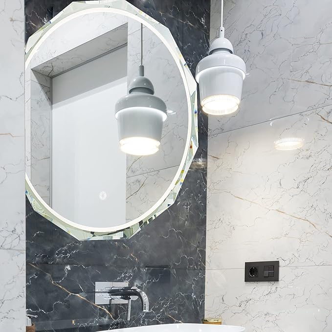 Round LED Bathroom Mirror, Beveled Edge Frameless Wall Mount Bathroom Vanity Mirror with 3-Color and Anti-Fog, 24 Inch, Silver
