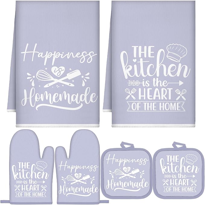 Sratte 6 Pcs Kitchen Decor Accessories Set Farmhouse Towels Pot Holders Oven Mitts Set 2 Dish Towels 2 Potholders 2 Cooking Mittens Oven Glove for Christmas Baking Cooking(Dreamy Purple,Kitchen)
