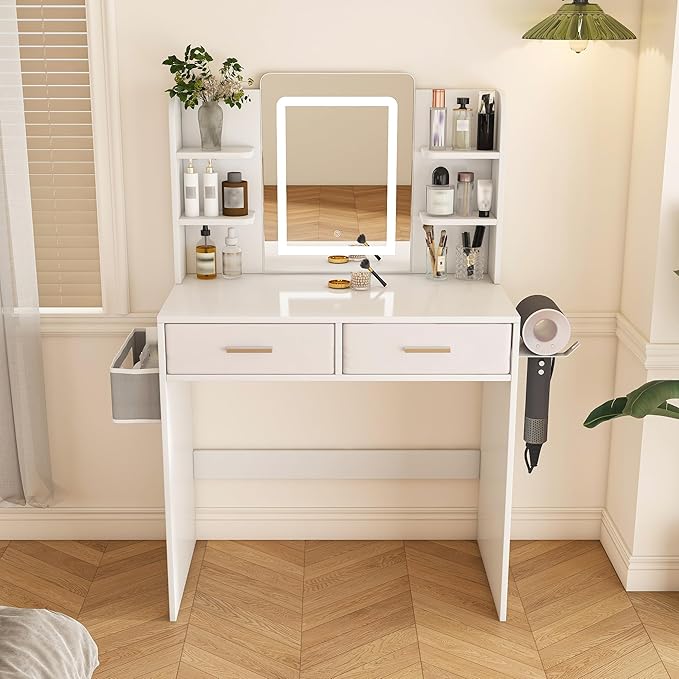 Small Makeup Vanity Desk with Mirror and Lights, Vanity Table Set with 2 Storage Drawer & Open Shelves, 3 Lighting Colors, Adjustable Brightness Makeup Vanity, White