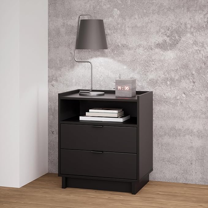 Prepac Simply Modern Nightstand Bedside Table, Black Nightstand for Bedroom, End Table with 2 Drawers and Open Shelf 23.75" W x 26.75" H x 16" D