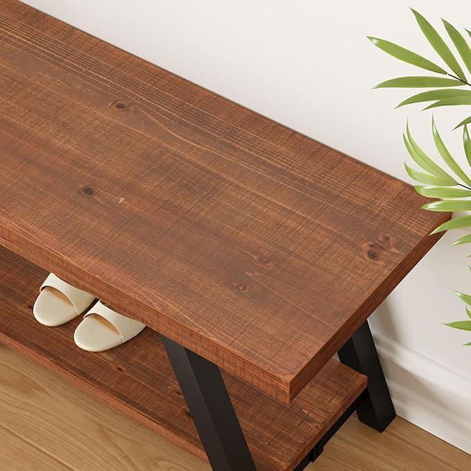 IBF Solid Wood Entryway Bench, Natural Real Wood Storage Bench, Farmhouse Wooden Shoe Bench in Entry Way Hallway Foyer Rack, Bedroom Bench Seat for Living Bed Mud Room Indoor, Rustic Brown, 47 Inch