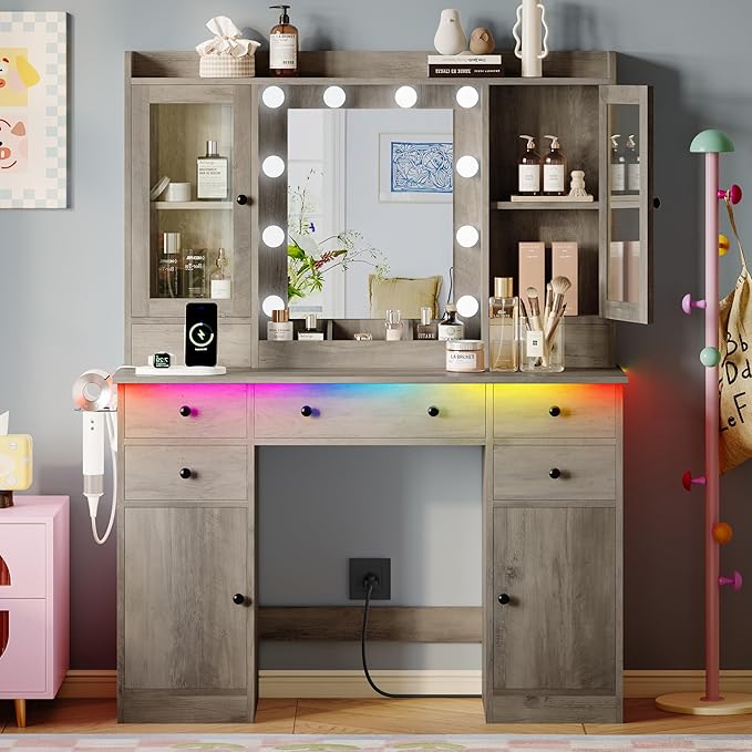 Makeup Vanity Desk with Mirror and Lights, Grey Vanity Table Set with Storage Drawers, Charging Station & Cabinets, Large Dressing Table with RGB Ambient Light for Women Girls Bedroom Bathroom