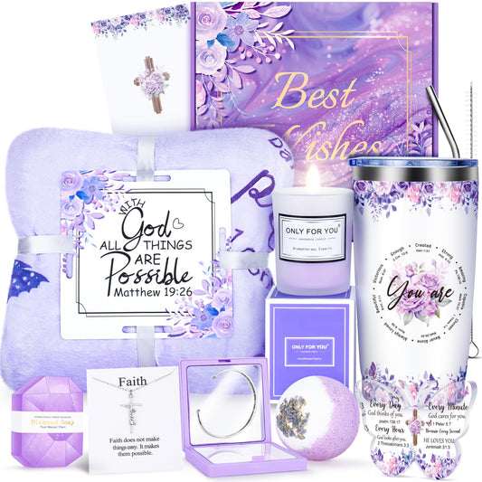 12PCS Christian Gifts for Women Faith, Inspirational Gifts for Women, Religious Catholic Gifts Basket,Purple Birthday Get Well Soon Gifts, for Mom Her Wife Girlfriend Friend Sister