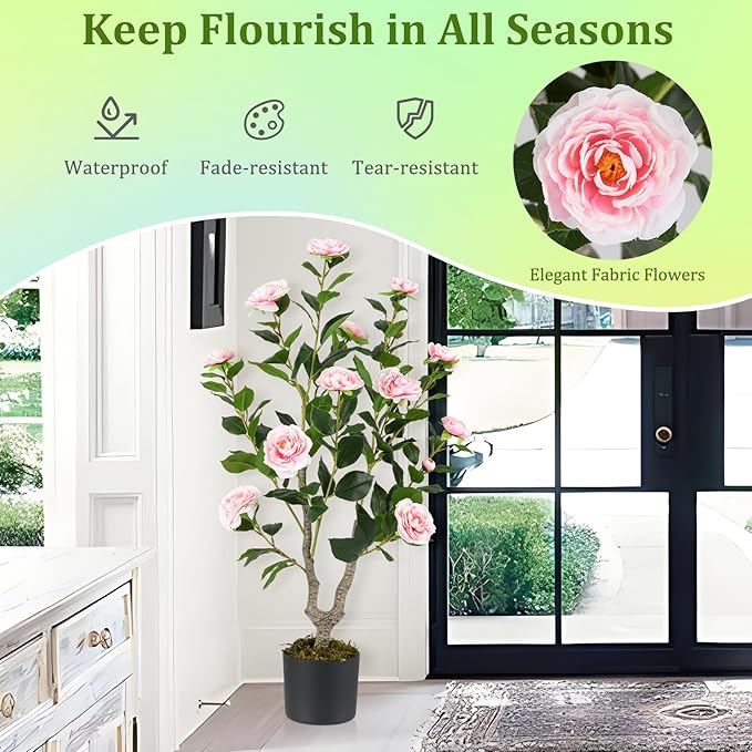 GOFLAME 3FT Artificial Camellia Tree, 2 Pack Faux Camellia Plant with Pink Flowers, Solid Wood Trunk, Realistic Moss, Greenery Potted Decoration Tree for Indoor Outdoor Home Porch Front Door