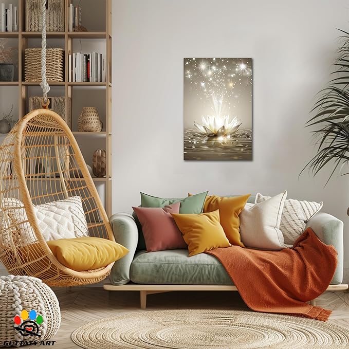 Zen White Lotus Flower Canvas Wall Art, Lotus Floral Pictures Wall Print, Spiritual Water Lily Canvas Prints, Lotus Bloom on Water Poster, Zen Meditation Spiritual Artwork for Yoga Spa Room 18x24 inch