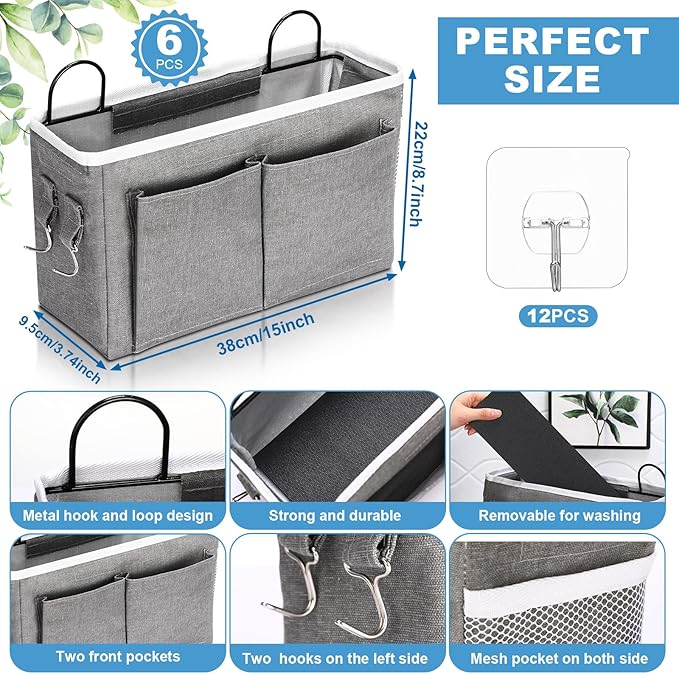 Berlune 6 Pcs Wall Hanging Storage Bag Wall Organizer Bag with Pockets and Hooks Linen Cotton Closet Hanging Organizer Basket for Bedroom Bathroom Dormitory, 11.4 x 7.5 x 4''(Pure)