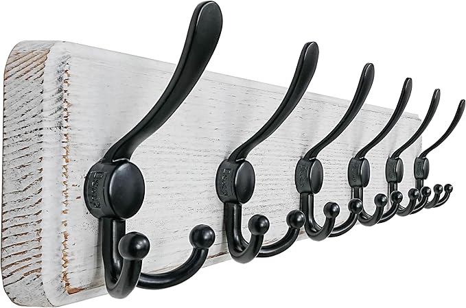 Dseap Coat Rack Wall Mounted - 24" Long 6 Tri Hooks, Heavy Duty Wooden Wall Coat Hanger Coat Hook for Clothes Hat Jacket Clothing, White and Black