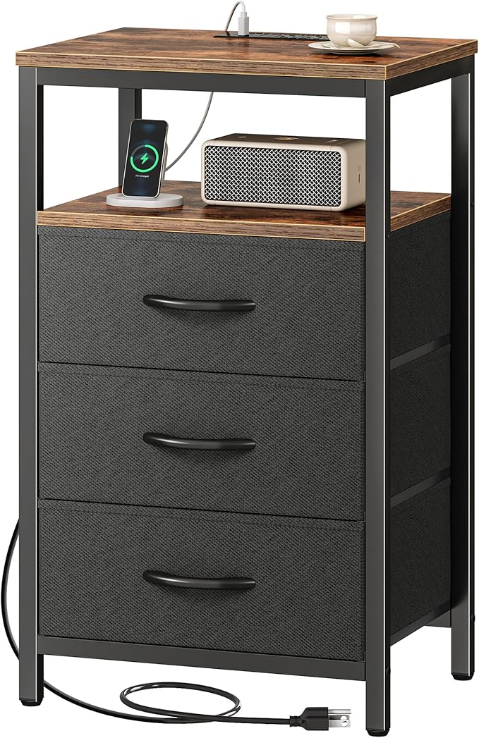 Huuger Nightstand with Charging Station, 27.6 Inch End Table Bedside Table with USB Ports and Outlets, Fabric Drawers, Night Stand for Bedroom, Rustic Brown and Black