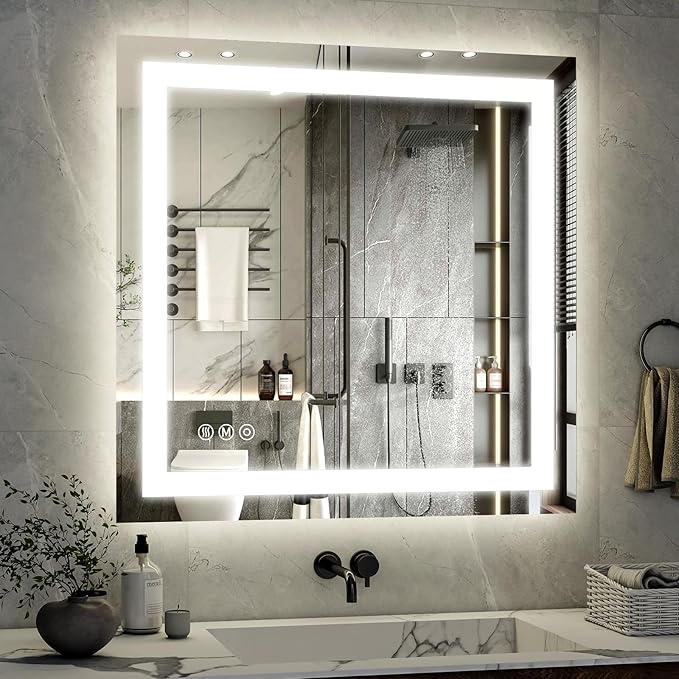 40"x 40" LED Bathroom Mirror, Backlit + Front Lit, LED Bathroom Mirror with Lights for Wall, 3 Colors, Anti-Fog, Dimmable Brightness, Tempered Glass
