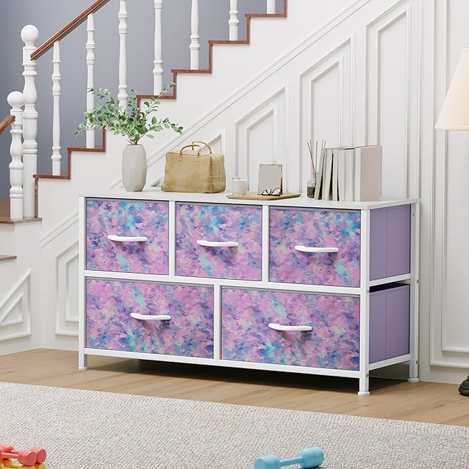 YITAHOME Wide Storage Tower with 5 Drawers - Fabric Dresser, Organizer Unit for Bedroom, Living Room, Closets - Sturdy Steel Frame, Easy Pull Fabric Bins & Wooden Top