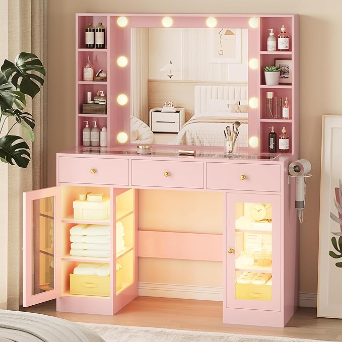 Makeup Vanity Desk with Mirror and Lights, Glass Top Vanity Table Set with Drawers & Power Outlet, Large Dressing Table with 3 Color Lighting Modes & RGB Cabinets for Women Girls Kids Bedroom, Pink