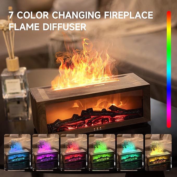 Fireplace Flame Air Diffuser Humidifier,7 Colors Aromatherapy Essential Oil Diffuser,Ultrasonic with Timer for Home,Bedroom,Office,Yoga (Dark Wood Grain)