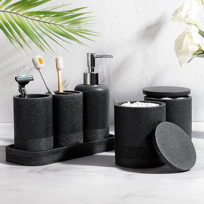 Bathroom Accessories Set, 6-Piece Bathroom Accessory Set, Toothbrush Holders Set, Soap Dispenser, Vanity Tray, Tumbler, Cotton Swab Jars, Bathroom Organizer for Modern Bathrooms(Black)