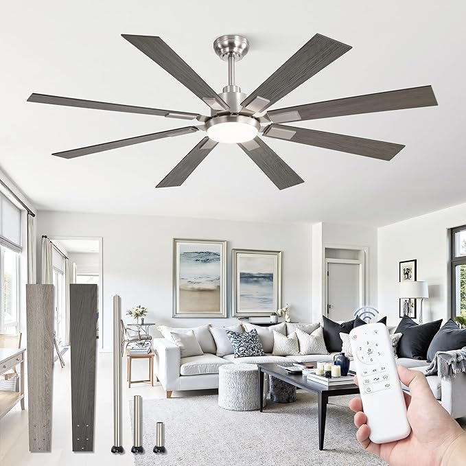 ZMISHIBO 62 inch Brushed Nickel Modern Ceiling Fan with Light and Remote, Indoor/Outdoor Industrial Ceiling Fan for Living Room Patio, 6 Speed Reversible Quiet DC Motor, 3 CCT, Dual Finish 8 Blades