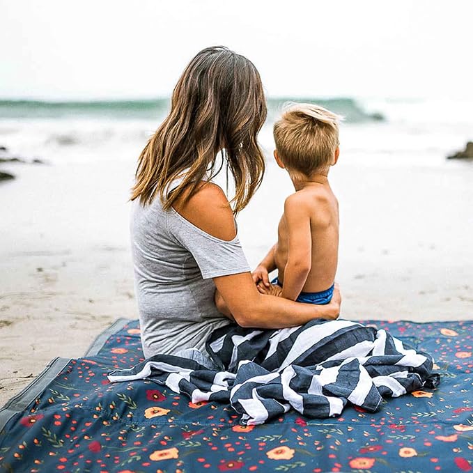 Little Unicorn 5'x7' Outdoor Family Picnic & Beach Blanket | Durable & Water-Resistant Fabric | Compact Fold & Easily Wipes Clean | Zipper Pocket (Midnight Poppy)