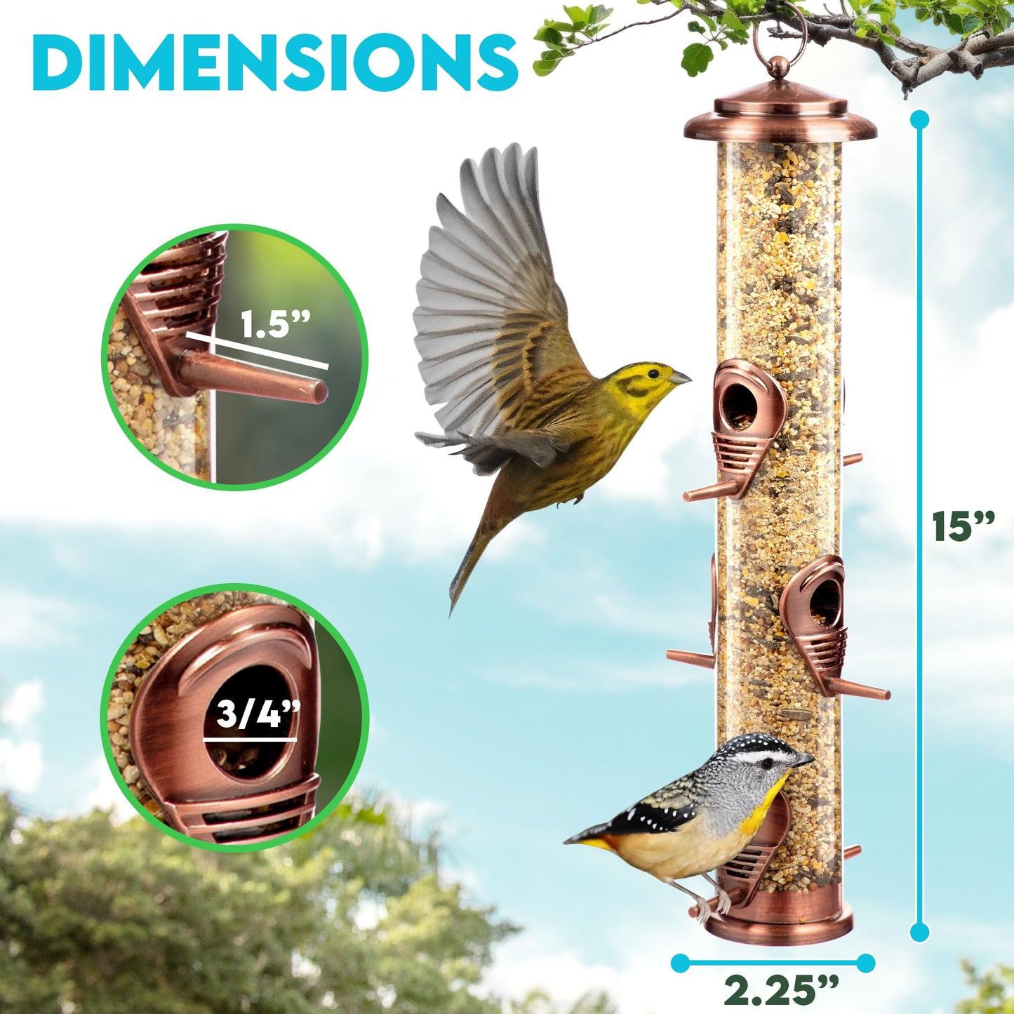 Bird Feeder for Outdoors (Brushed Metal Copper) Hanging Bird Feeders with Locking Lid & Adjustable Hanger, Chew-Proof, Weather Resistant (15 Inches, 6 Port)