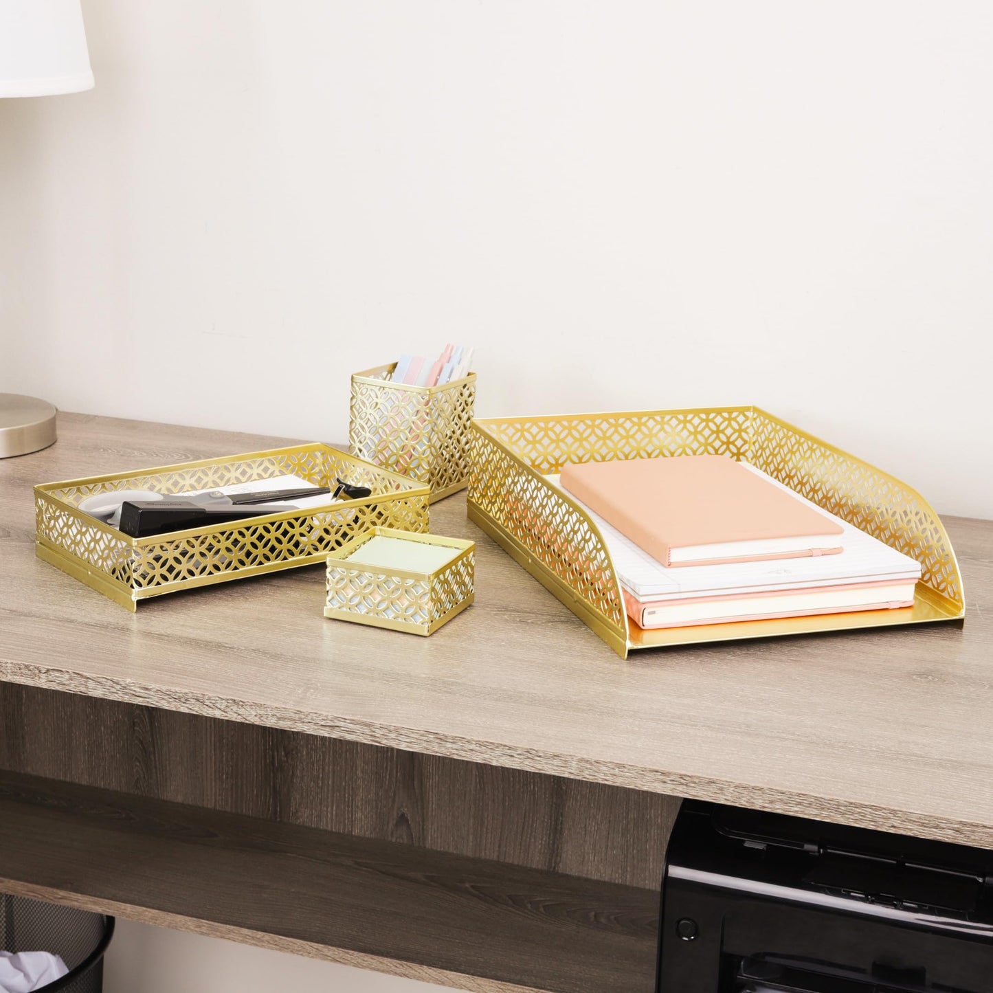 Mind Reader Gold Desk Organizer Set, Includes Pen Cup, Catchall Tray, File Box & Paper Tray, 4-Piece Metal Desktop Accessory Kit