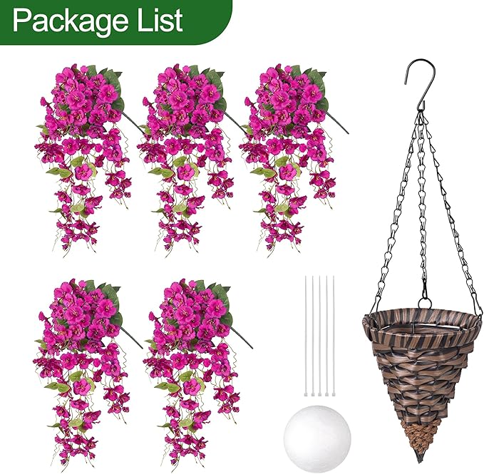 Artificial Fake Hanging Hibiscus Flowers Plants Baskets for Outdoor Decoration, Faux Silk Hibiscus Long Vines in Planter UV Resistant Realistic Flowers for Outside Porch Patio Home Decor(Purple 2)