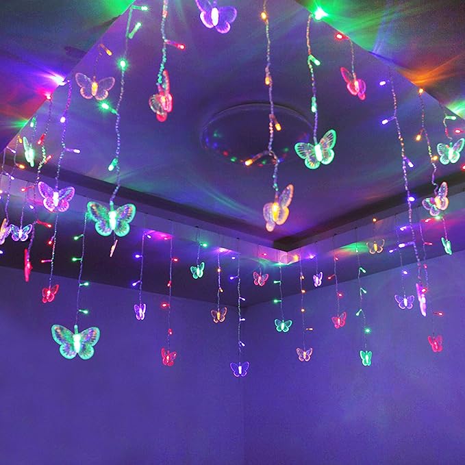 Decorman Butterfly Curtain Lights, 4.9ft 48 LED USB Window Fairy Lights 10 Butterflies 8 Modes Firefly Twinkle String Lights for Room Bedroom Wall Ceiling Party Wedding Christmas (Colorful)